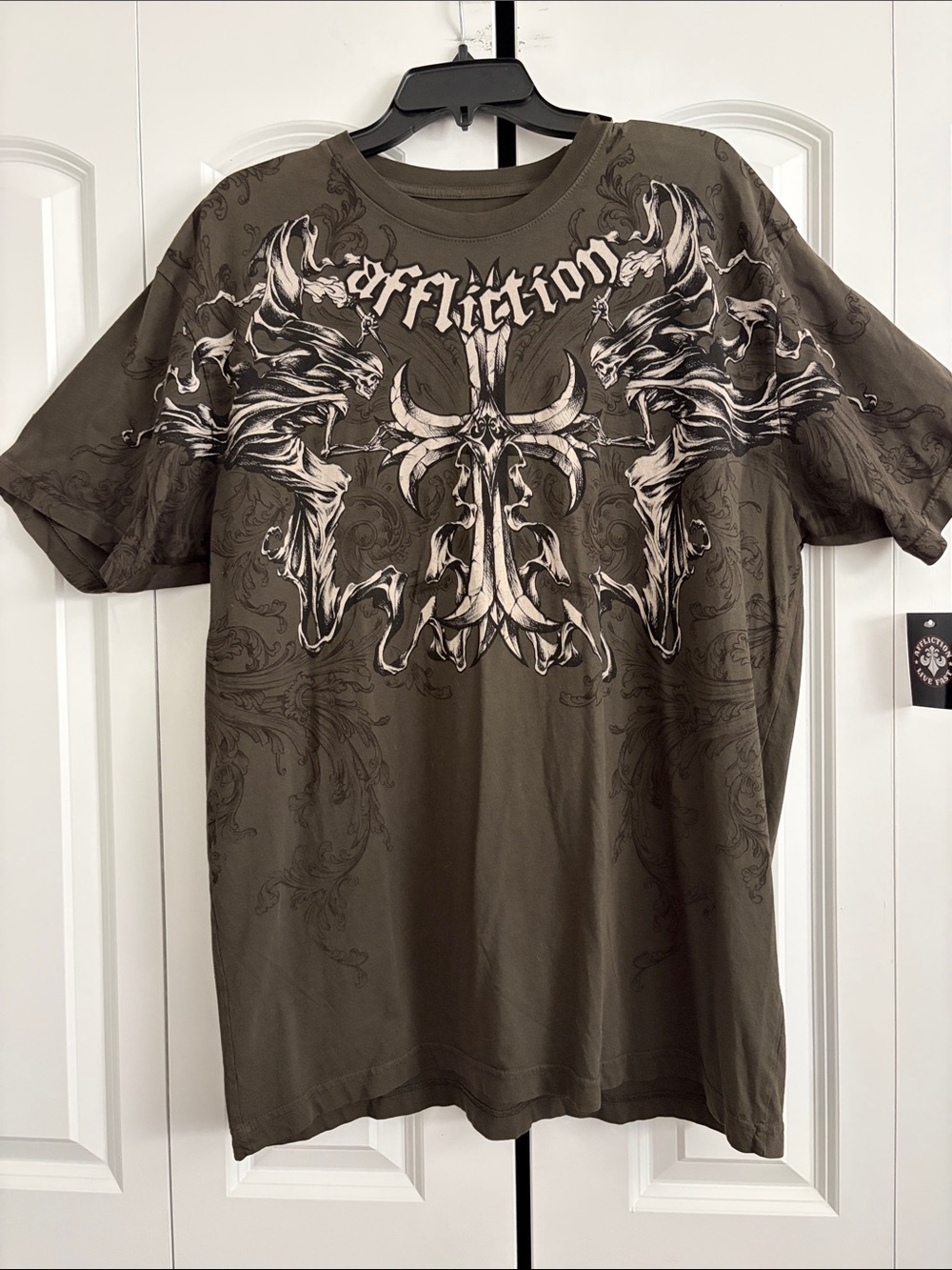 Affliction Olive Green Graphic Short Sleeve Tee with White & Black Print